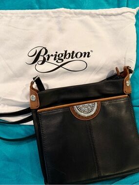 Brighton Black and Brown Leather Crossbody with Medallion Accent